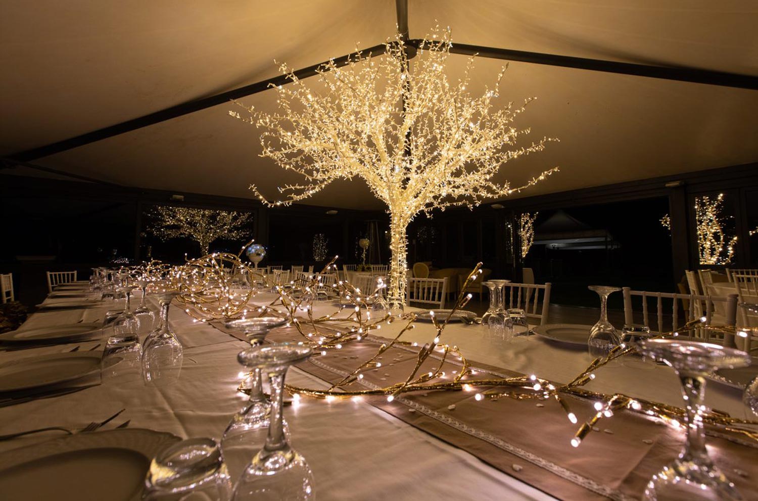 Illuminazione da matrimonio con albero illuminato da interno accanto tavolo da ricevimento nuziale