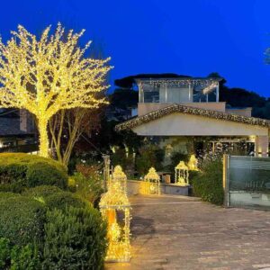 Illuminazione con dispositivi specifici di una villa per ricevimenti in occasione di un matrimonio invernale
